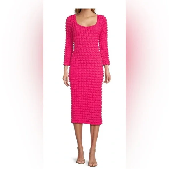 ANTONIO MELANI Bubble Smocked Knit Square Neck Long Sleeve Midi Bodycon Dress - Picture 9 of 9